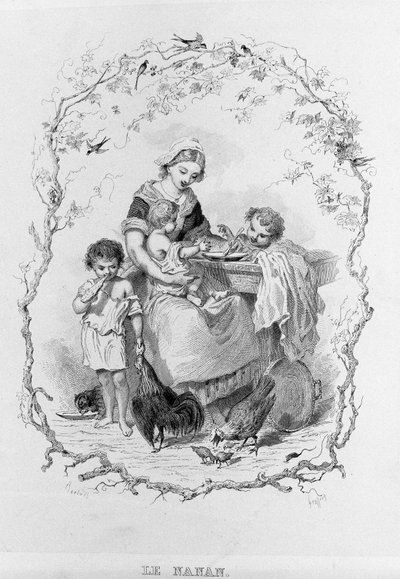 A nanã: uma jovem mãe dá comida aos seus três filhos em "La Physiologie du Gout" de Brillat - Savarin ilustrado por Bertal. Paris 1840. Jean Anthelme Brillat Savarin (Brillat-Savarin) (1755-1826) gastrônomo francês. de Bertall