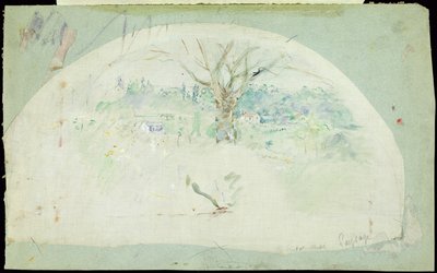 Fan retratando Bougival, 1884 (óleo, lápis e wc em seda) de Berthe Morisot