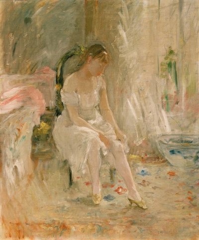 Mulher se vestindo ou garota colocando suas meias de Berthe Morisot