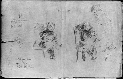 Estudos para a menina com uma boneca, 1884 (chumbo preto sobre papel) de Berthe Morisot