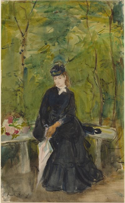 A irmã do artista, Edma, sentada num parque de Berthe Morisot