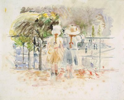 Duas meninas em uma balaustrada à beira do lago no Jardin des Tuileries, Paris de Berthe Morisot