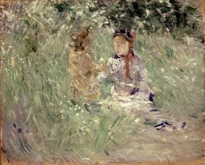 Mulher e criança num prado em Bougival de Berthe Morisot