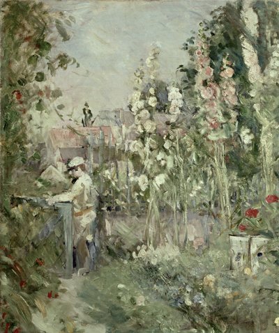 Menino jovem, em, a, hollyhocks de Berthe Morisot
