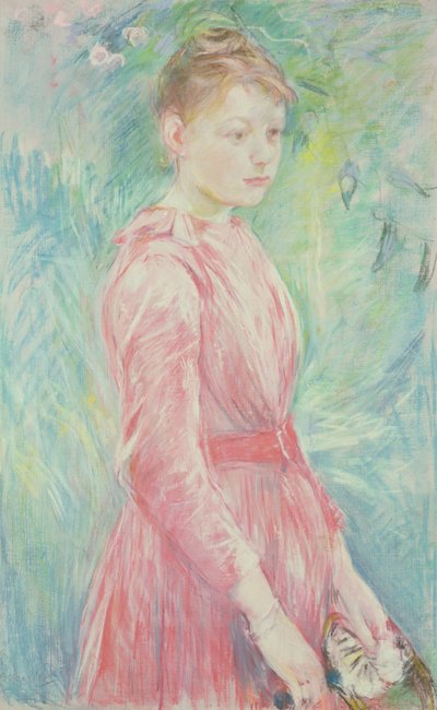 Rapariga de vestido cor-de-rosa (pastel sobre papel) de Berthe Morisot