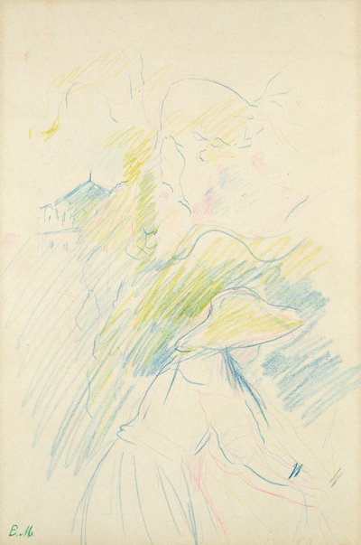 Moça no jardim, 1888 (lápis colorido no papel) de Berthe Morisot