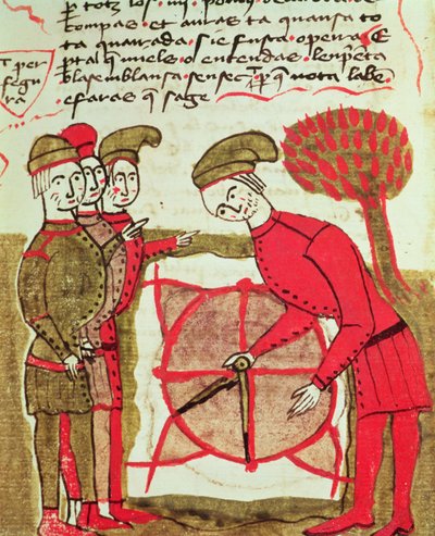Ms 327 fol.216v Pesquisadores trabalhando com um plano e compasso, de Traite dArpentage por Arnaud de Villeneuve (1240-1312) de Bertrand Boysset