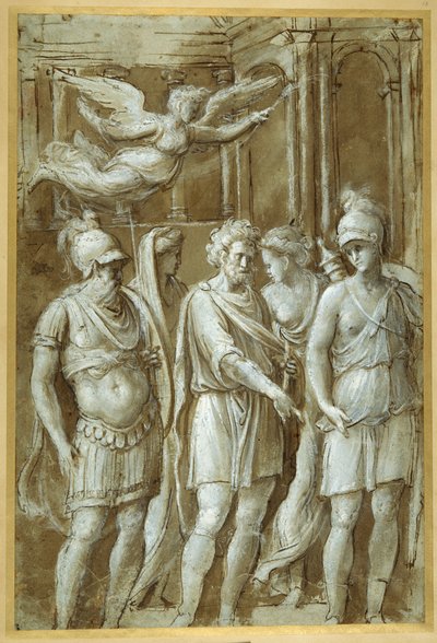 Painel do Arco de Constantino (caneta e tinta marrom com tinta marrom lavada com cor de corpo branco em carta azzurra) de Biagio Pupini