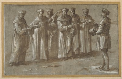 Seis professores de anatomia, discutindo um crânio e membros esfolados (caneta e tinta marrom com lavagem marrom e altura) (ver também 404475) de Biagio Pupini