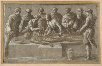 Seis professores de anatomia, dissecando um cadáver masculino esfolado (caneta e tinta marrom com lavagem marrom e aumento) (ver também 404475) de Biagio Pupini