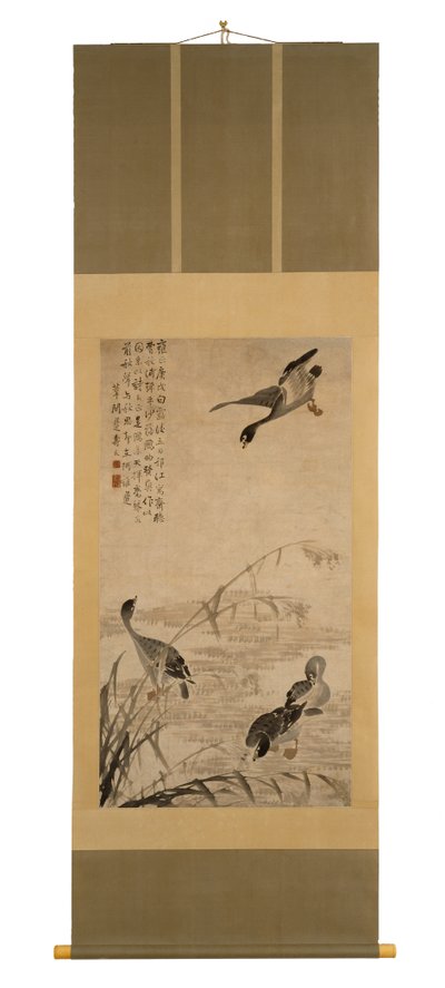 Gansos descendo em um banco de areia, 1730 (tinta no papel) de Bian Shoumin