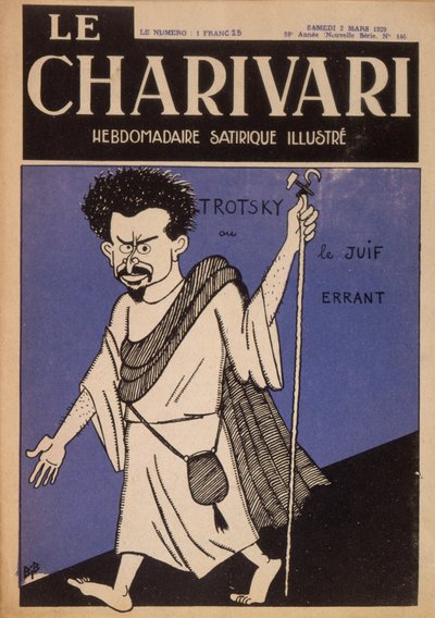 Caricatura de Leon Trotsky (1879-1940) como Judeu Errante, capa da revista "Le Charivari", Março de 1929 (cor litho) de Bib