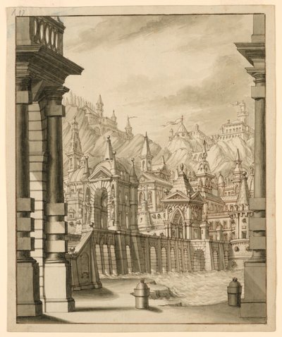 Design de palco, cidade na colina com edifícios com torres de Bibiena Family, 1657