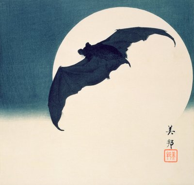 Morcego e Lua Cheia (impressão em xilogravura colorida) de Biho Takashi or Takahashi (b. 1873. fl 1890 1930)