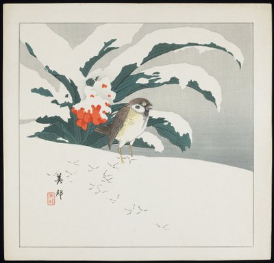 Pássaro na neve, início do século XX de Biho Takashi or Takahashi (b. 1873. fl 1890 1930)