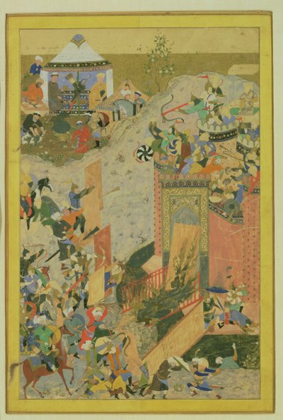 Assalto a um Castelo, Persa, Período Timúrida (1370-1506) c.1475-1500 (wc e folha de ouro sobre papel) de Bihzad attr. to Bihzad attr. to