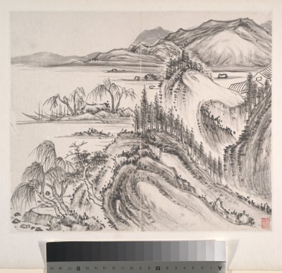 Paisagens, datado de 1814 (álbum de oito folhas; tinta sobre papel) de Bingshou Yi
