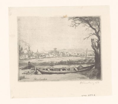 Canal com um grande barco e uma ponte ("The schuytje in the foreground") de Birger John Forsberg