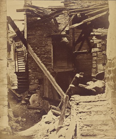 Casa destruída, após um terramoto perto de Viege, Valais, Suíça de Bisson Frères