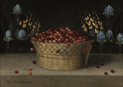 Natureza morta com cerejas, tremoços e íris, c.1610 (óleo sobre tela) de Blas de Ledesma