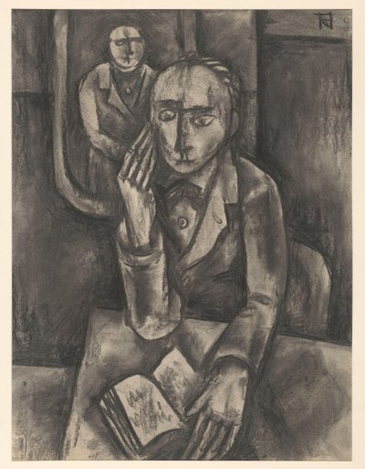 Homem sentado à mesa com um livro aberto de Bob Hanf (signed by artist)