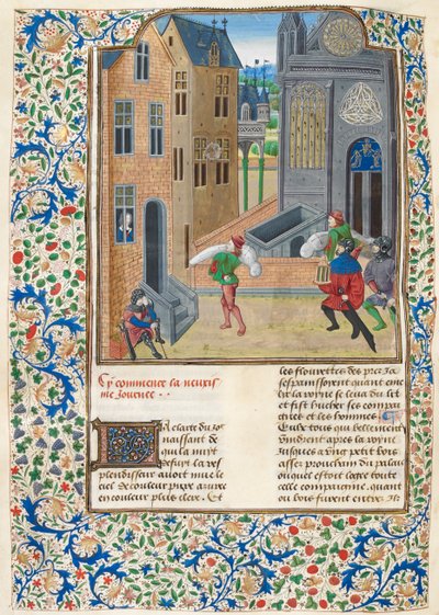 Adicionar. 35323 f.122v Corpos enrolados sendo carregados para dentro de um prédio, ilustração de 