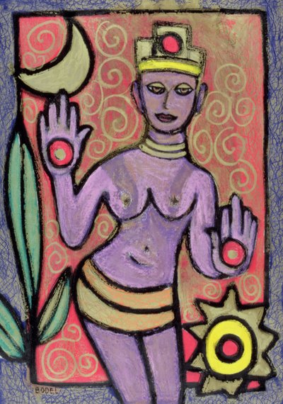 Deusa, 2002 (óleo, pastel e tinta indiana sobre papel) de Bodel Rikys