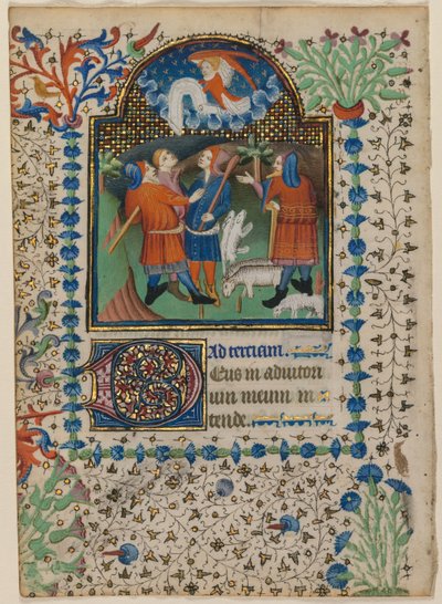 Folha de um Livro de Horas: Anunciação aos Pastores recto e texto verso, c. 1410-20. de Boethius Illuminator