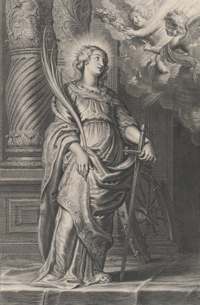 Santa Catarina segurando folhas de palmeira e uma espada, dois putti no alto segurando um laure..., ca. 1625-59. de Boetius Adams Bolswert