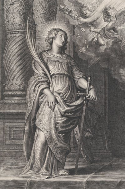 Santa Catarina segurando folhas de palmeira e uma espada, dois putti no alto segurando um laure..., ca. 1625-59. de Boetius Adams Bolswert