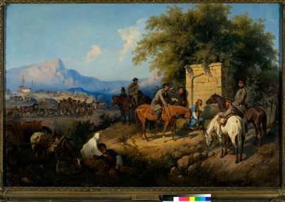 Tropas russas atravessam as montanhas do Cáucaso em Adjara (Geórgia) (Forças russas atravessam as montanhas do Cáucaso em Adjara) (rebelião das tribos do Cáucaso entre 1830 e 1860) - Pintura de Gottfried (Bogdan Pavlovich) Willewalde (1818-1903), óleo de Bogdan Willewalde