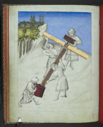 Acrescentar 24189, f.11v, A montagem da cruz de Cristo, de quatro tipos diferentes de madeira, representada em cores diferentes, do 