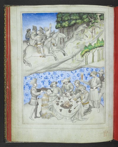 Adicionar 24189, f.5v, Recreação em Chipre com, acima, uma caça ao veado com leopardo e, abaixo, uma festa, do 
