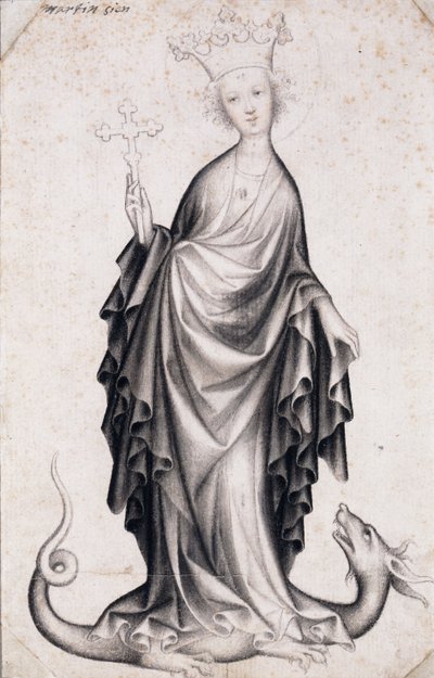 Santa Margarida de Antioquia (morta ca. 305) (Santa Margarida) (segurando um crucifixo e espetando um dragão) - Trabalho de um mestre boémio (activo 1410-1420), lápis e escova sobre papel (21,4x14 cm), ca. 1410 - Szepmuveszeti Muzeum, Budapeste (Hungria) de Bohemian School