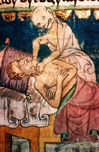 a mort etranglant un pestifere - Morte Estrangulando uma Vítima da Peste - Miniature extraite du codex Stini, Boheme de Bohemian School