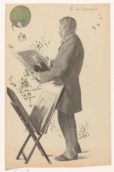 Edmond de Goncourt olha para uma gravura, ao lado dele um padrão de gravura E. de Goncourt (título no objeto) de Boileau