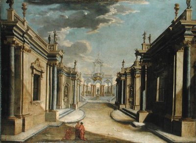 Um Capriccio Arquitetônico Retratando a História das Filhas de Minyas (óleo sobre tela) de Bolognese School