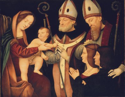 A Virgem e a Criança com Santos Romanus e Ptolomaeus e dois doadores (óleo sobre painel) de Boltraffio Pseudo