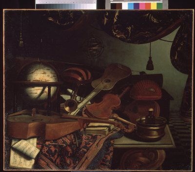 "Nature morte aux instruments de musique" (Natureza morta aux instruments de musique) Globo, flauta, partição, violeta, guitare. Peinture de Bonaventura Bettera (1663-1718) 1715 Musee Pouchkine, Moscou de Bonaventura Bettera
