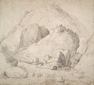 Paisagem montanhosa com figura a cavalo em primeiro plano de Bonaventura Peeters