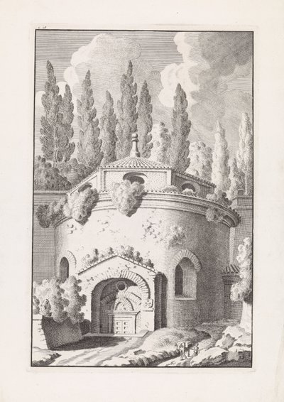 Ruine van een Romeinse ronde tempel Relíquias da antiga cidade de Roma (título da série) de Bonaventura van Overbeek