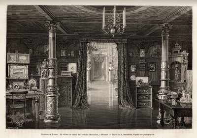O gabinete de trabalho do Arquiduque da Áustria Maximiliano (1832-1867), no castelo de Miramar, que ele construiu nas proximidades de Trieste, desde 1857, quando foi proclamado vice-rei do reino da Lombardia e Veneto, gravado por B.Bonnafoux ilustração de Bonnafoux Bonnafoux