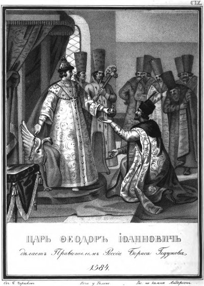 Fyodor, entreguei seu governo a Boris Godunov. 1584 De Karamzin ilustrado, 1836 de Boris Artemyevich Chorikov