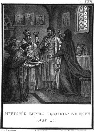 A eleição de Boris Godunov para o czar. 1598 De Karamzin ilustrado, 1836 de Boris Artemyevich Chorikov