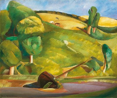 Barco à vela em uma paisagem cubista, início dos anos 1920 (óleo sobre tela) de Boris Dmitrievich Grigoriev