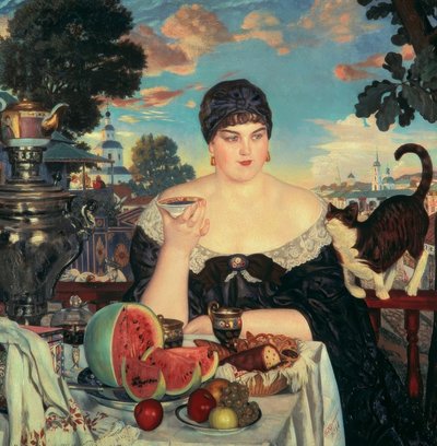 Mulher mercante no chá de Boris Mikhailovich Kustodiev