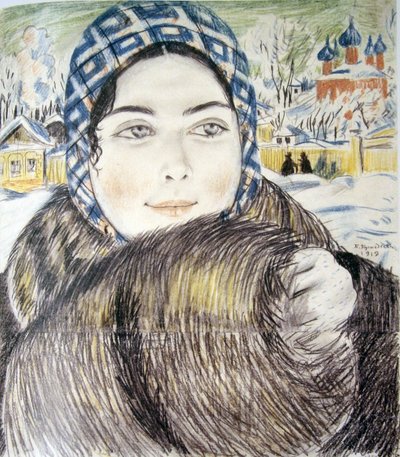 A esposa de um jovem comerciante em um lenço xadrez par Kustodiev, Boris Michaylovich (1878-1927) de Boris Mikhailovich Kustodiev