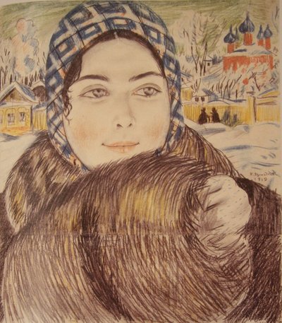 Uma esposa de comerciantes jovens em um lenço xadrez, 1919 de Boris Mikhailovich Kustodiev
