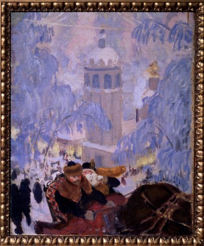 Autorretrato com a esposa. Representado em um trenó puxado por cavalos, deixando uma cidade com telhados cobertos de neve. Pintura de Boris Michaylovich Kustodiev (Kustodiev) (1878-1927), óleo sobre tela de Boris Mikhailovich Kustodiev