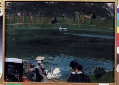 Bois de Bolonha. O lago com cisnes e caminhantes. Pintura de Boris Michaylovich Kustodiev (Kustodiev) (1878-1927), óleo sobre tela de Boris Mikhailovich Kustodiev